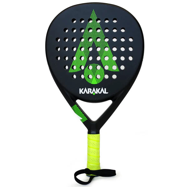 The Karakal Air Lite 345 Padel - Green by Karakal features a black body with green and white accents, large A design, multiple surface holes, lightweight graphite build, neon yellow grip, and black wrist strap.