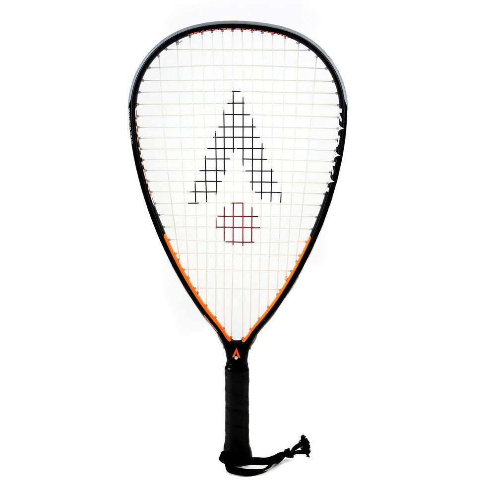 The Karakal CRX-Hybrid 2.1 Racketball Racket by Karakal is a lightweight, black and orange graphite composite racket with a teardrop midplus head, black and red strings, black grip, and wrist strap.