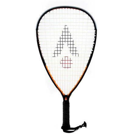The Karakal CRX-Hybrid 2.1 Racketball Racket by Karakal is a lightweight, black and orange graphite composite racket with a teardrop midplus head, black and red strings, black grip, and wrist strap.