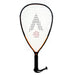 The Karakal CRX-Hybrid 2.1 Racketball Racket by Karakal is a lightweight, black and orange graphite composite racket with a teardrop midplus head, black and red strings, black grip, and wrist strap.