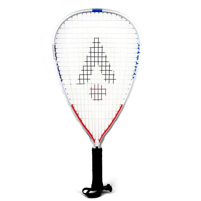 The Karakal CRX-Tour 2.1 Racketball Racket by Karakal features a white rounded triangular midplus head, black handle, red strings at the bottom, a black-and-red geometric string design, and durable 7050 alloy construction.