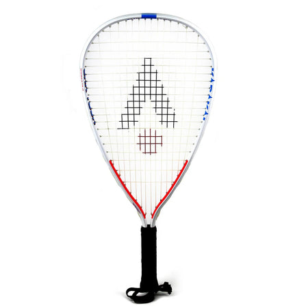The Karakal CRX-Tour 2.1 Racketball Racket by Karakal features a white rounded triangular midplus head, black handle, red strings at the bottom, a black-and-red geometric string design, and durable 7050 alloy construction.