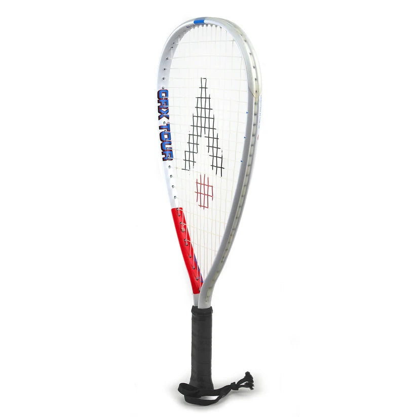 The Karakal CRX-Tour 2.1 Racketball Racket by Karakal features a white frame, black grip, red/blue accents, 7050 alloy build, a large “A” string pattern, and “Gear Tour” printed on the midplus head frame.
