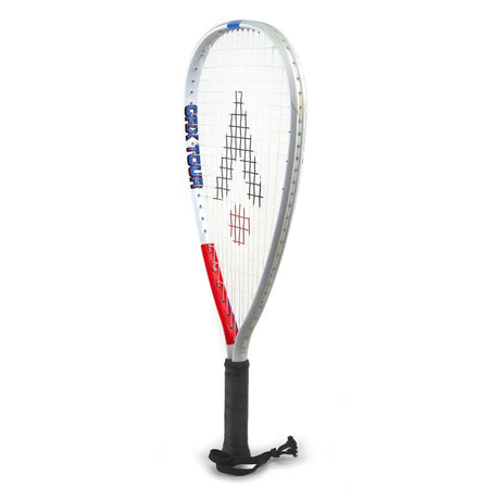 The Karakal CRX-Tour 2.1 Racketball Racket by Karakal features a white frame, black grip, red/blue accents, 7050 alloy build, a large “A” string pattern, and “Gear Tour” printed on the midplus head frame.