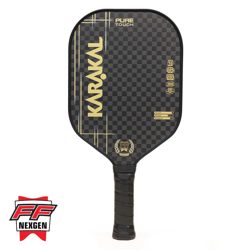 The Karakal Pure Touch Gold Pickleball Paddle features a black, checkered textured surface with “Karakal” in gold and “Pure Touch” at the top, a black grip-taped handle, and an FF Nexgen red-and-black logo at the lower left.