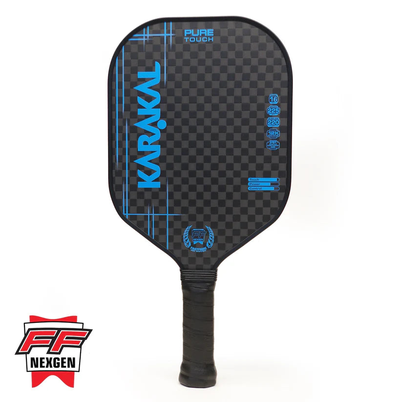 The Karakal Pure Touch Blue Pickleball Paddle by Karakal features a black, textured checkered surface with blue accents. Specs appear on the face, while the honeycomb power core and FF Nexgen logo are in the bottom left corner.