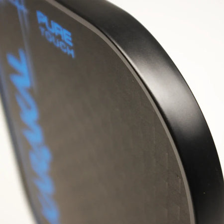 Close-up of the Karakal Pure Touch Blue Pickleball Paddle from Karakal, highlighting its smooth frame, textured black surface, and bold blue text—crafted for optimal play.