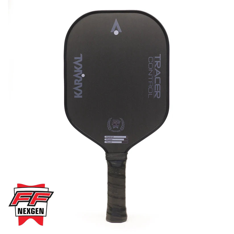 The Karakal Tracer Control Pickleball Paddle features a black design with TRACER CONTROL labeling, a textured grip, spin control, and the FF Nexgen logo in red/black. It has a honeycomb power core for performance and KIMAI is printed vertically on the left face.