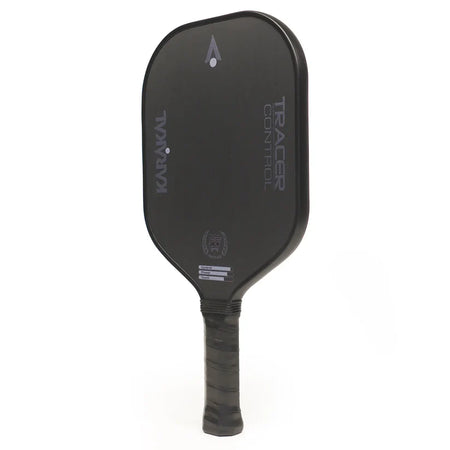 A black Karakal Tracer Control Pickleball Paddle with the brand name and model printed on the face, featuring a wrapped handle, sleek modern design, and a honeycomb power core for enhanced spin control.