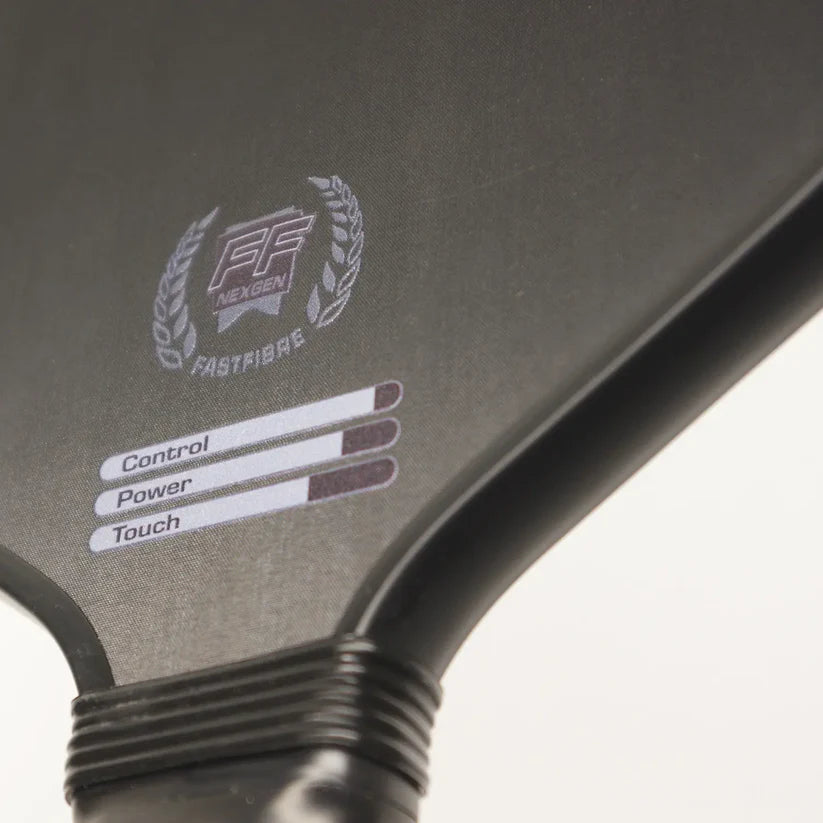 Close-up of the black Karakal Tracer Control Pickleball Paddle with three rating bars—Control and Power rated higher than Touch—emphasizing spin control and a honeycomb power core for powerful, precise play. Brand: Karakal.