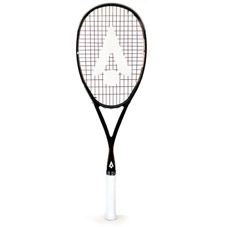 The Karakal Air Touch 2.1 Squash Racket by Karakal, shown vertically on a white background, features a black and white frame, white grip, large capital A logo on the strings, and is made from high modulus graphite.