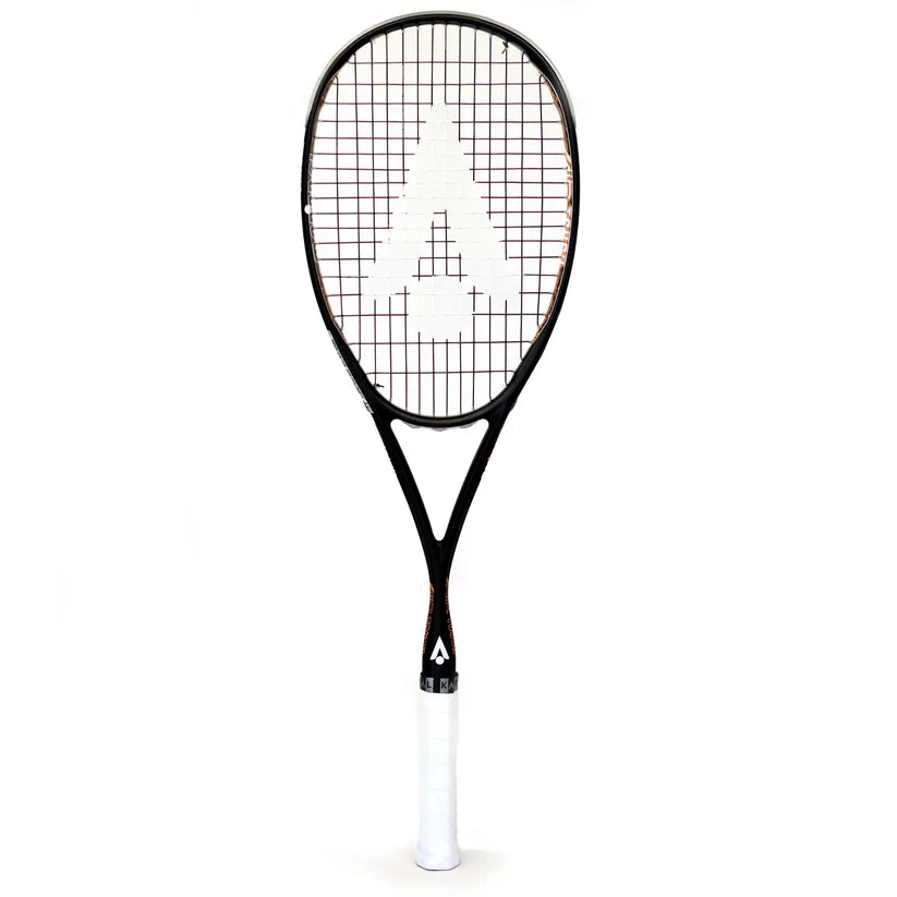The Karakal Air Touch 2.1 Squash Racket by Karakal, shown vertically on a white background, features a black and white frame, white grip, large capital A logo on the strings, and is made from high modulus graphite.