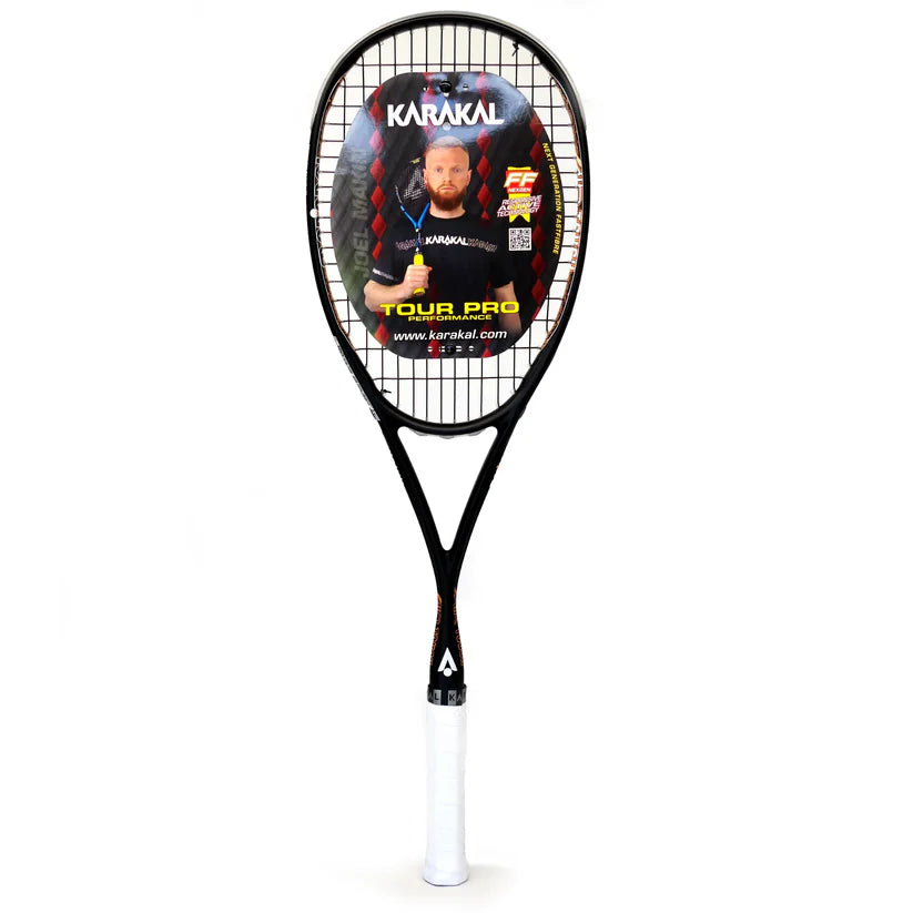 The Karakal Air Touch 2.1 Squash Racket is a black, lightweight racket with a white grip, crafted from high modulus graphite for enhanced performance and featuring branding on the strings.