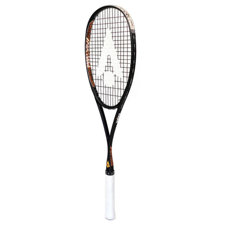 The Karakal Air Touch 2.1 Squash Racket, by Karakal, is a lightweight black racket with a white grip and orange accents, a large white A logo on the strings, made from high modulus graphite and shown upright against a white background.