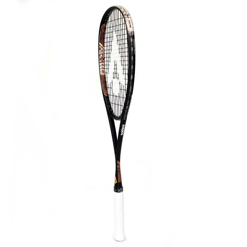 The Karakal Air Touch 2.1 Squash Racket by Karakal features a black frame with orange accents and a white grip, crafted from high modulus graphite, and is shown upright against a plain white background.