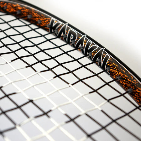 Close-up of the Karakal Air Touch 2.1 Squash Racket by Karakal, in black and orange, made from high modulus graphite with a detailed string pattern for a lightweight, premium squash racket feel.