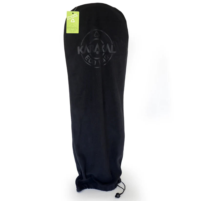 A black fabric cover with a bottom drawstring and green recycling tag, featuring the embossed "Karakal Eco" logo, designed for the lightweight Karakal Air Touch 2.1 Squash Racket by Karakal.
