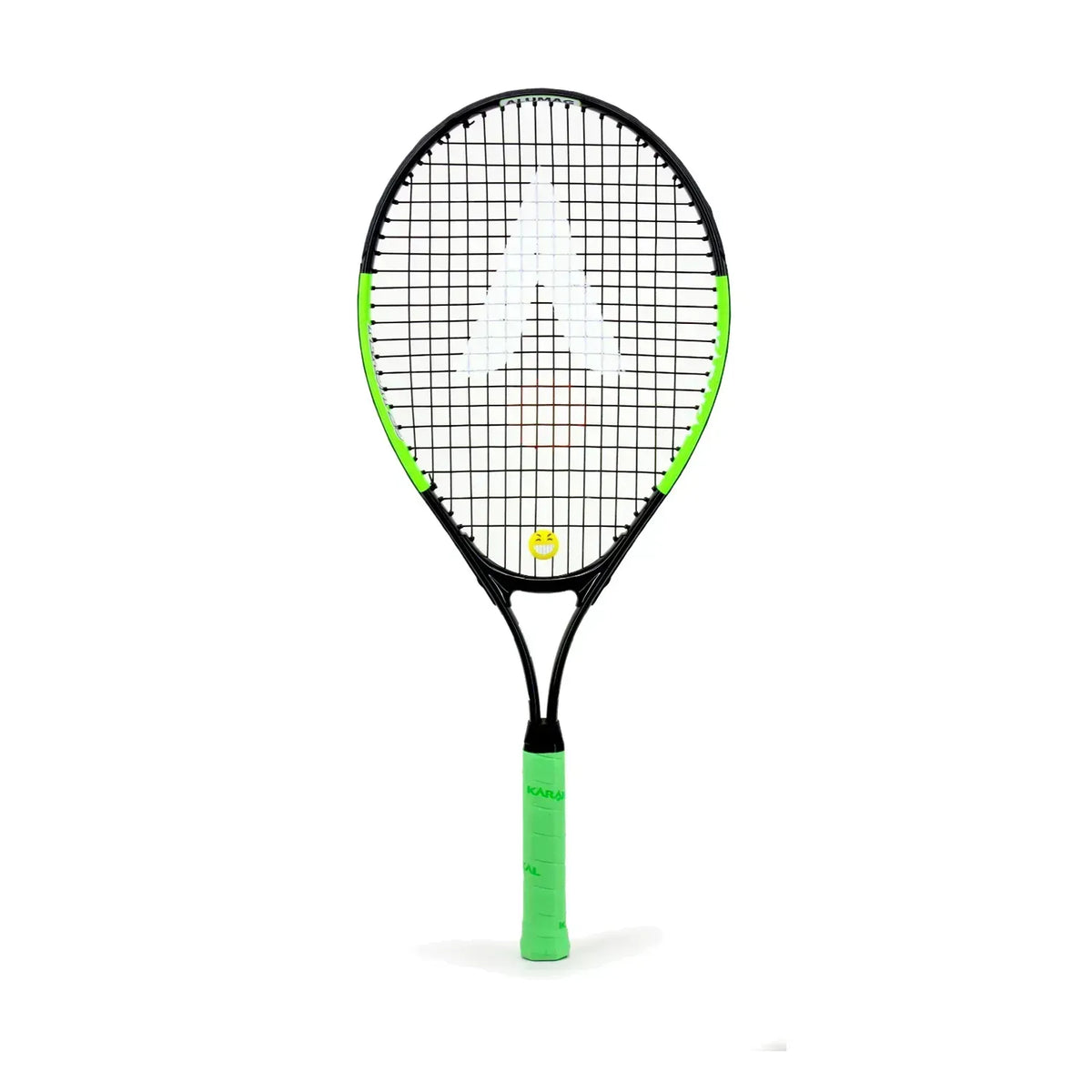 The Karakal Flash Junior Tennis Racket by Karakal has a black frame, green side accents, and a bright green grip—ideal for young players seeking quality kids’ tennis rackets.