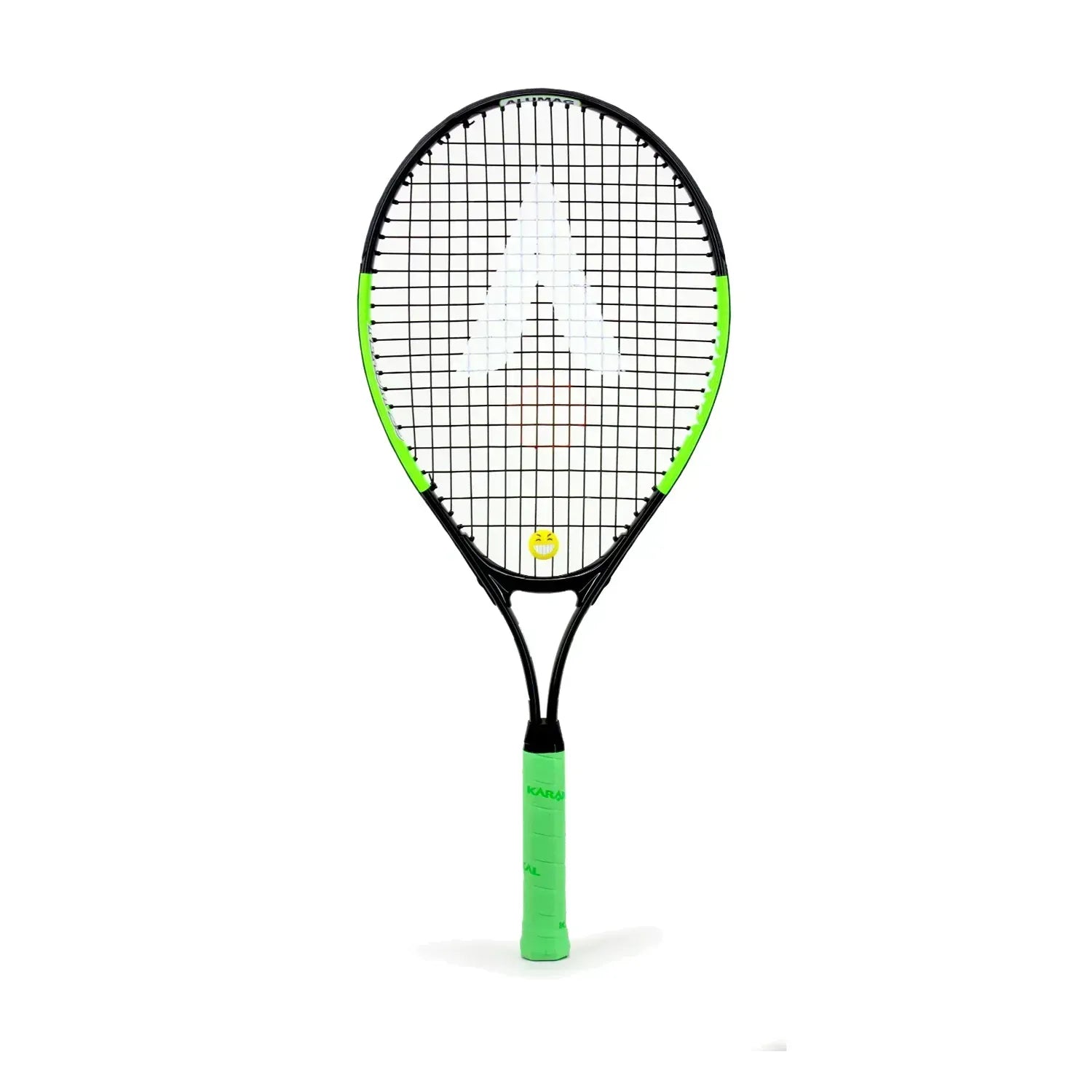 The Karakal Flash Junior Tennis Racket by Karakal has a black frame, green side accents, and a bright green grip—ideal for young players seeking quality kids’ tennis rackets.