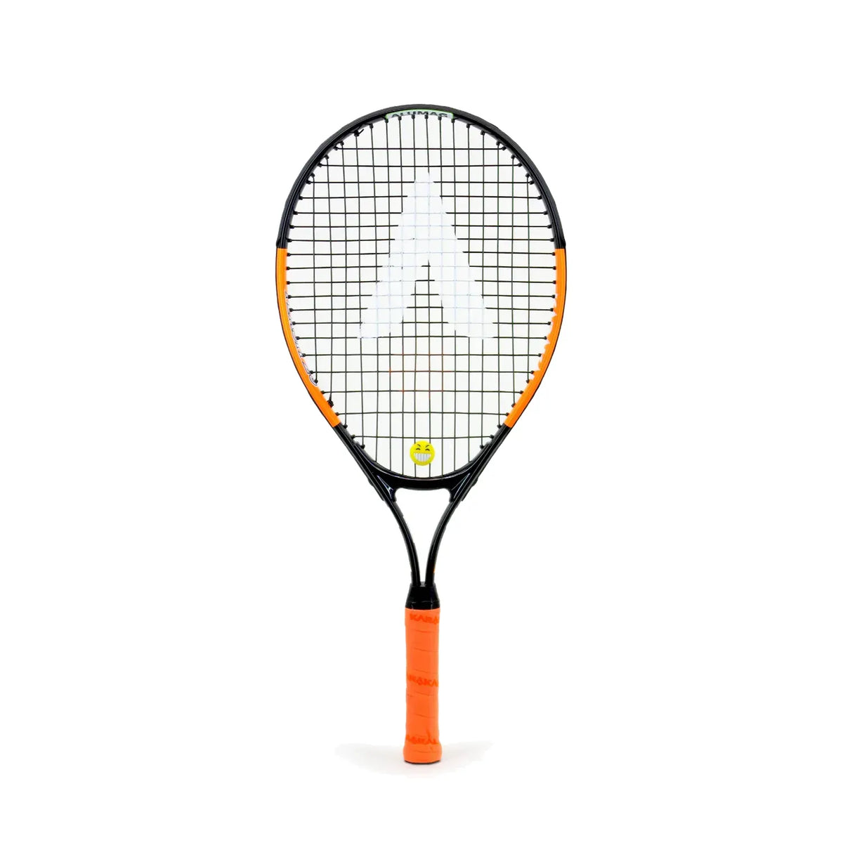 The Karakal Flash Junior Tennis Racket by Karakal boasts a black frame with orange accents and grip. Ideal for young players, it features bold strings with a white "A" design, shown upright against a white background.