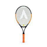 The Karakal Flash Junior Tennis Racket by Karakal boasts a black frame with orange accents and grip. Ideal for young players, it features bold strings with a white "A" design, shown upright against a white background.