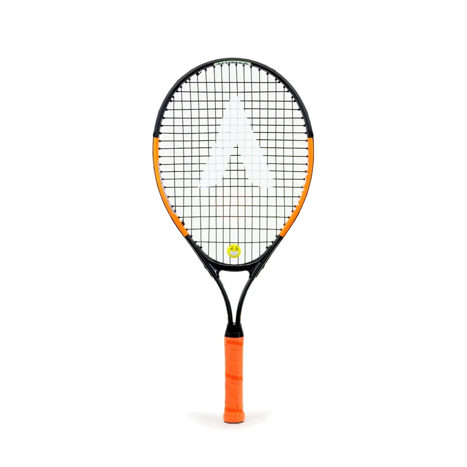 The Karakal Flash Junior Tennis Racket by Karakal boasts a black frame with orange accents and grip. Ideal for young players, it features bold strings with a white "A" design, shown upright against a white background.