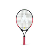 The Karakal Flash Junior Tennis Racket by Karakal features a black frame with red accents, a red grip, and a white "A" design on the strings, shown against a plain white background.