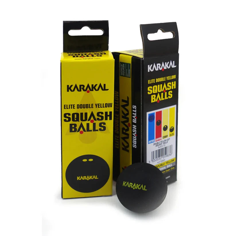 Two Karakal Double Yellow Dot Squash Balls are displayed with their black and yellow packaging, marked as WSF approved tournament-grade balls. The boxes feature colored dots for ball type and a squash ball graphic.