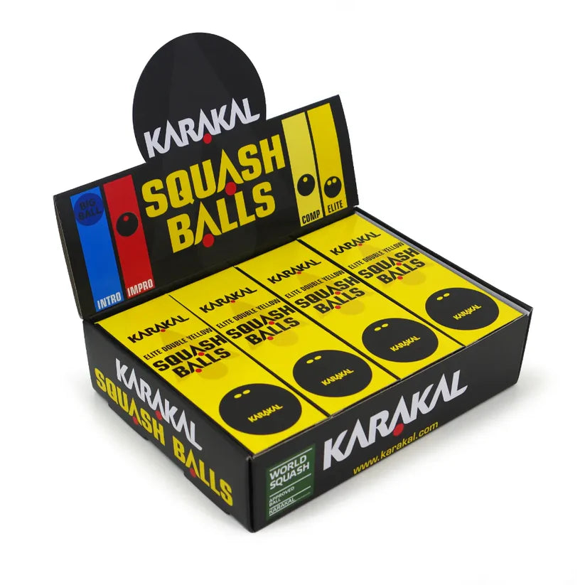 A display box of Karakal Double Yellow Dot Squash Balls features yellow and black packaging labeled SQUASH BALLS, containing four neatly arranged tubes from the Karakal brand and showcasing Intro, Comp, and Elite types.