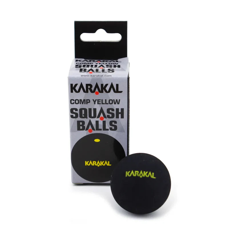 A Karakal Yellow Dot Squash Ball is shown in front of its packaging. This WSF-approved ball from Karakal is ideal for club players seeking consistent bounce and performance.