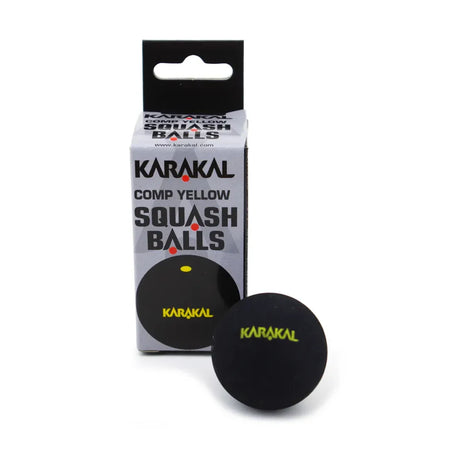 A Karakal Yellow Dot Squash Ball is shown in front of its packaging. This WSF-approved ball from Karakal is ideal for club players seeking consistent bounce and performance.