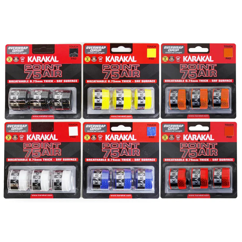 Six packs of Karakal Point 75 Air Overwrap Grip by Karakal are shown, each with three cushioned, tacky grips in assorted colors like black, white, yellow, and orange. The packaging emphasizes breathability and optimal thickness.