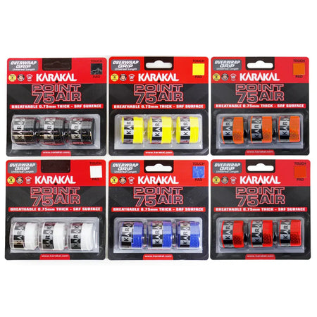 Six packs of Karakal Point 75 Air Overwrap Grip by Karakal are shown, each with three cushioned, tacky grips in assorted colors like black, white, yellow, and orange. The packaging emphasizes breathability and optimal thickness.