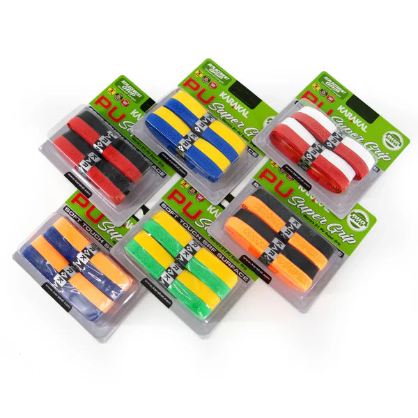 The Karakal PU Super Grip Duo by Karakal comes in six packs, each with two vibrant replacement grips (red/black, yellow/blue, yellow/green, orange/black, red/white, yellow/orange), perfect for adding style to your racket.