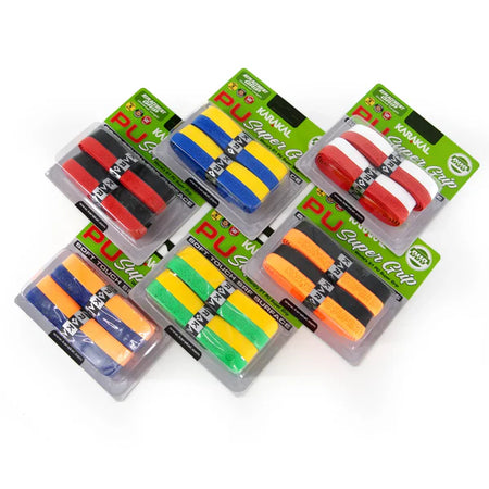 The Karakal PU Super Grip Duo by Karakal comes in six packs, each with two vibrant replacement grips (red/black, yellow/blue, yellow/green, orange/black, red/white, yellow/orange), perfect for adding style to your racket.