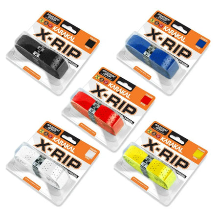 Five packs of Karakal X-RIP Grip by Karakal in black, blue, red, yellow, and white. These non-slip racket grips come in clear plastic packaging with orange and white labels, all displayed on a white background.