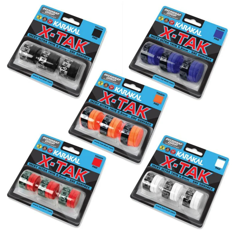 Five packs of Karakal X-TAK Overwrap Grip from Karakal, each containing three ultra-thin, tacky racket grips in assorted colors, displayed in clear plastic packaging on a white background.