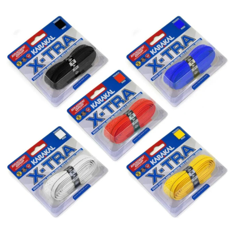 Five packs of Karakal X-TRA Grip by Karakal, in black, blue, white, red, and yellow, provide cushioned comfort and high-tack handling. Grips are shown in clear plastic packaging on a white background.