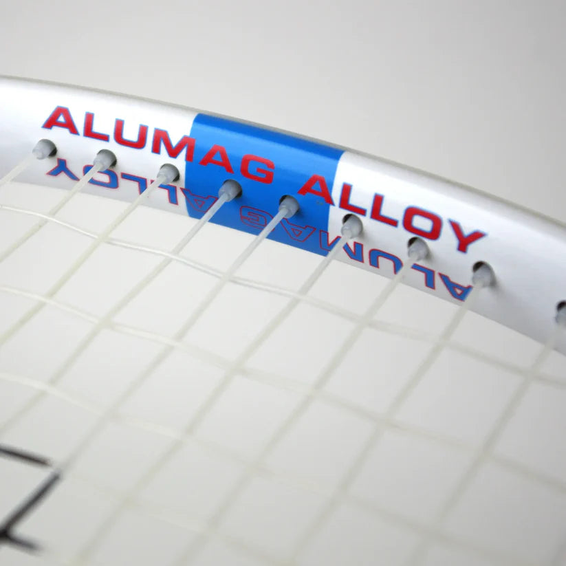 Close-up of the Karakal CRX-Tour 2.1 Racketball Racket by Karakal, showing its midplus head, strings, and part of the frame featuring ALUMAG ALLOY text and 7050 alloy construction against a plain background.