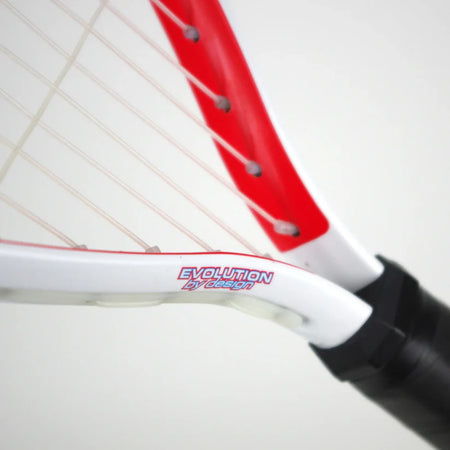 Close-up of the Karakal CRX-Tour 2.1 Racketball Racket by Karakal, showing its alloy frame in red and white with a black handle and “EVOLUTION by design” near the throat. The racket’s strings are highlighted against a plain background.