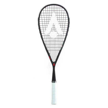 A Karakal Air Power 2.1 Squash Racket by Karakal, featuring a black frame, white strings with a large white A logo, high modulus graphite construction, and a white grip, is shown vertically against a white background.