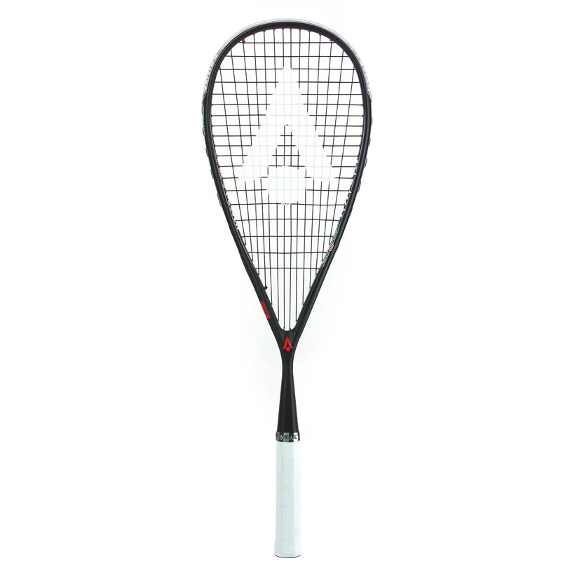 A Karakal Air Power 2.1 Squash Racket by Karakal, featuring a black frame, white strings with a large white A logo, high modulus graphite construction, and a white grip, is shown vertically against a white background.