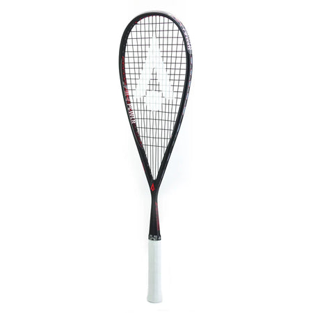 The Karakal Air Power 2.1 Squash Racket by Karakal features a black frame with red accents, a white grip, a bold white A logo on the strings, and is made from high modulus graphite for superior performance.