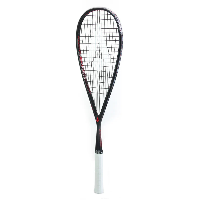 The Karakal Air Power 2.1 Squash Racket by Karakal features a black frame with red accents, a white grip, a bold white A logo on the strings, and is made from high modulus graphite for superior performance.