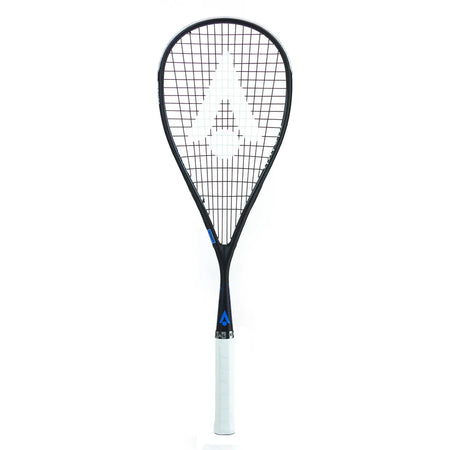 The Karakal Air Speed 2.1 Squash Racket, featuring a black frame, white grip, and large stylized A logo on the string bed, is crafted from high modulus graphite and shown upright against a white background.