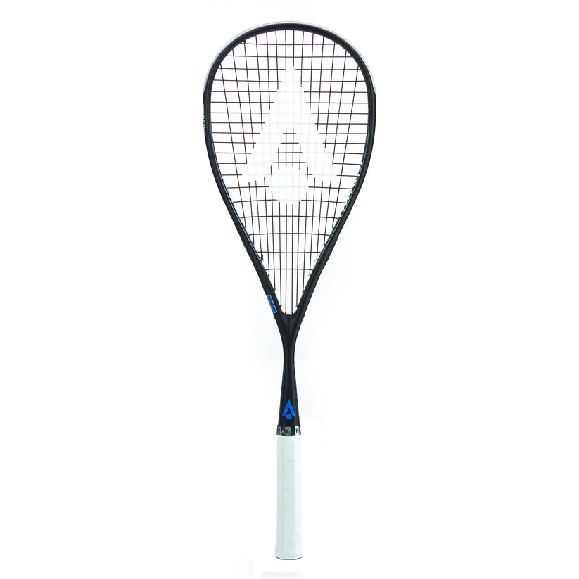 The Karakal Air Speed 2.1 Squash Racket, featuring a black frame, white grip, and large stylized A logo on the string bed, is crafted from high modulus graphite and shown upright against a white background.