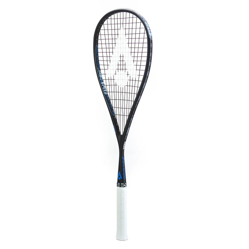The Karakal Air Speed 2.1 Squash Racket by Karakal, in black and blue with a white grip, stands upright on a white background. Made from high modulus graphite, it features teardrop strings and a bold white 'A' on the string bed.