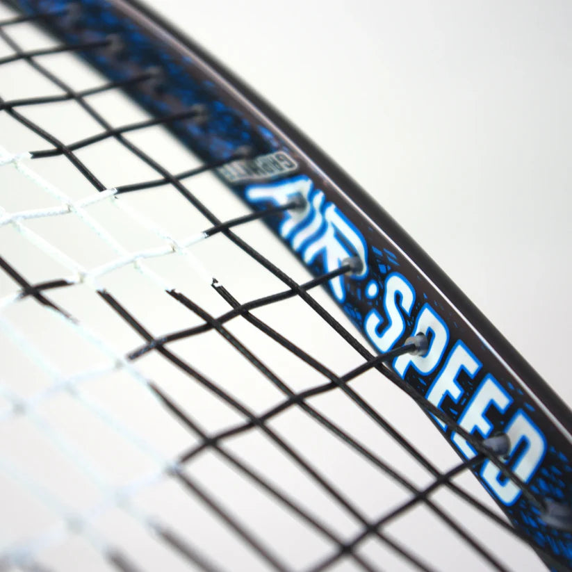 Close-up of the Karakal Air Speed 2.1 Squash Racket, featuring black and white strings and "AIR SPEED" in blue and white on the frame. Made by Karakal, this lightweight racket has a high modulus graphite construction against a plain background.