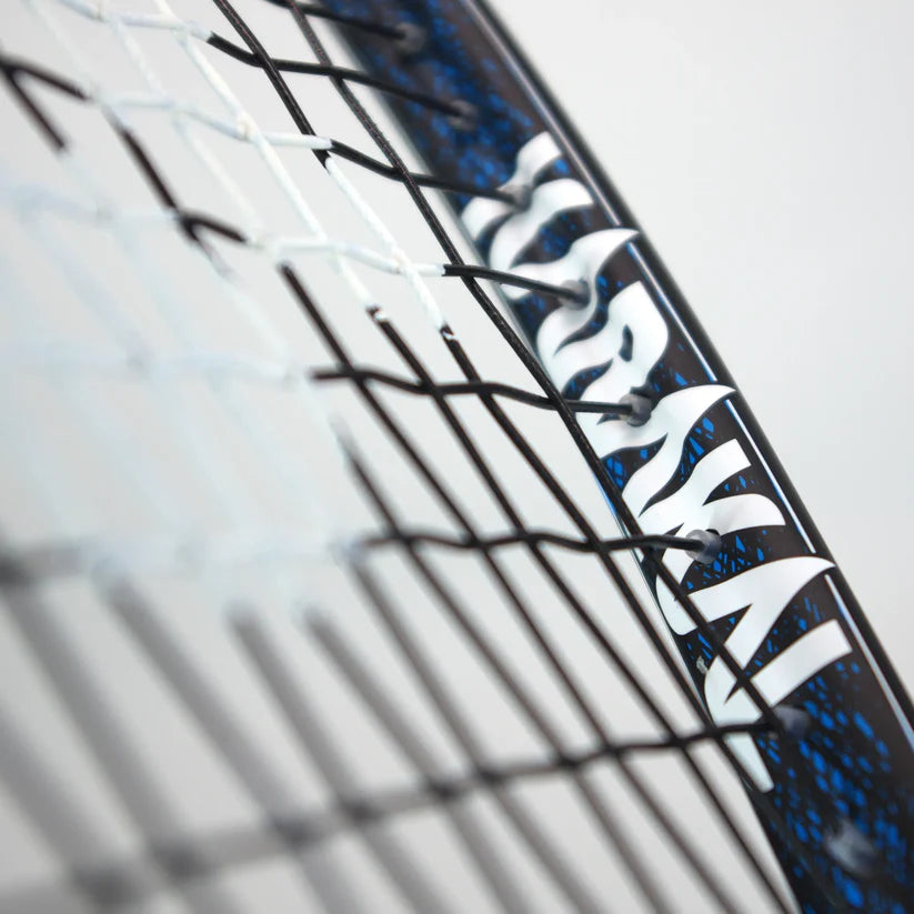 Close-up of the Karakal Air Speed 2.1 Squash Racket, showcasing its blue and black design and high modulus graphite construction by Karakal, with focus on the strings and frame for detailed craftsmanship.