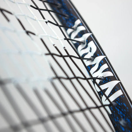 Close-up of the Karakal Air Speed 2.1 Squash Racket, showcasing its blue and black design and high modulus graphite construction by Karakal, with focus on the strings and frame for detailed craftsmanship.
